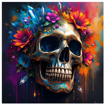 Diamanttavla Skull Flowers And Chrystals 50x50