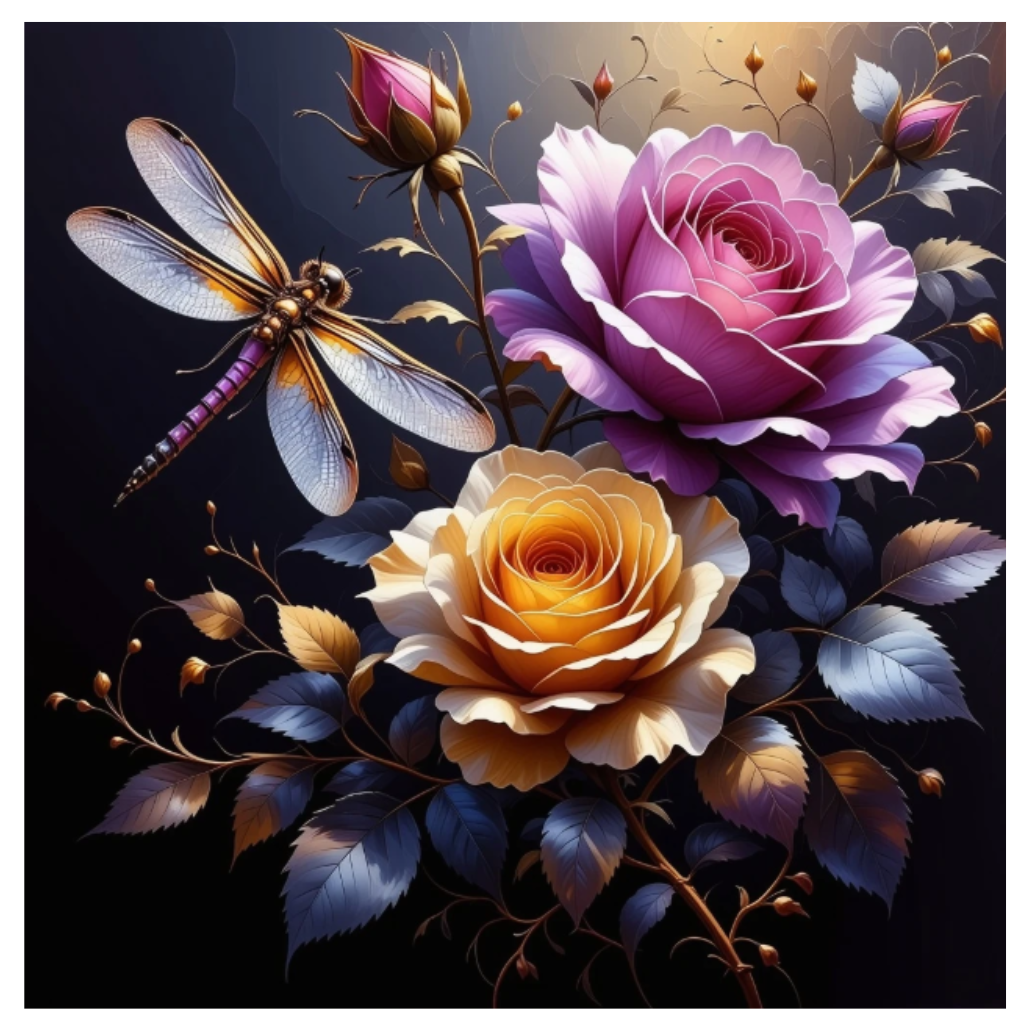 Diamanttavla Dragonfly And Roses 40x40 - Leverans v. 28