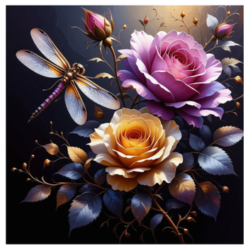 Diamanttavla Dragonfly And Roses 40x40 - Leverans v. 28