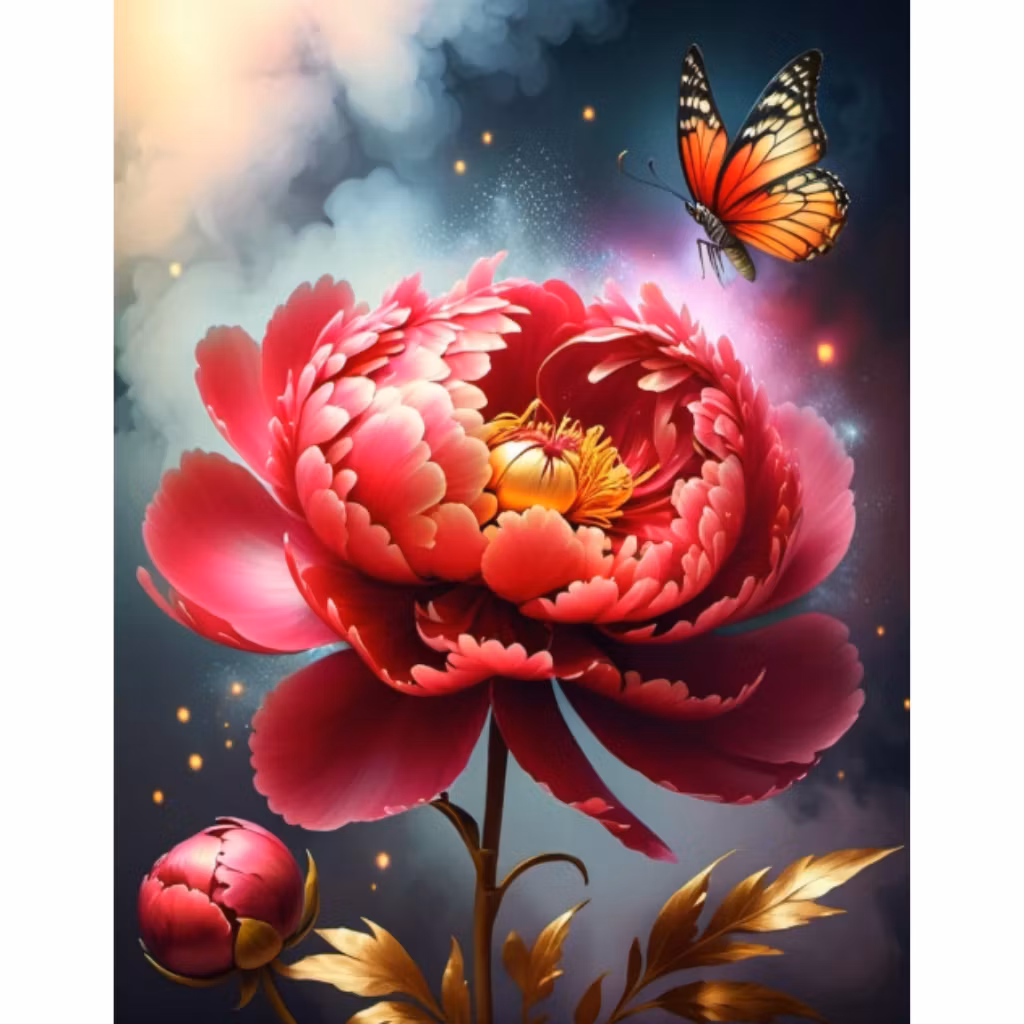 Diamanttavla Röd Pion 40x50