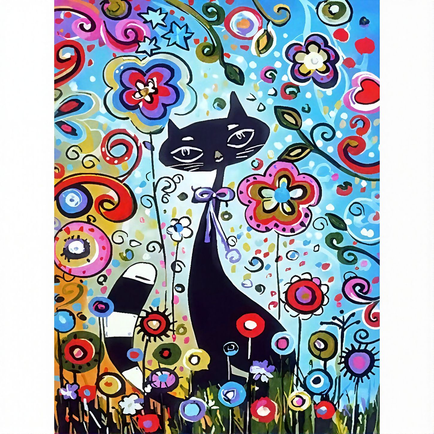 Diamanttavla Katt Blommor 30x40