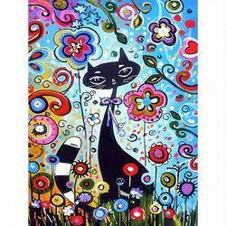 Diamanttavla Katt Blommor 30x40