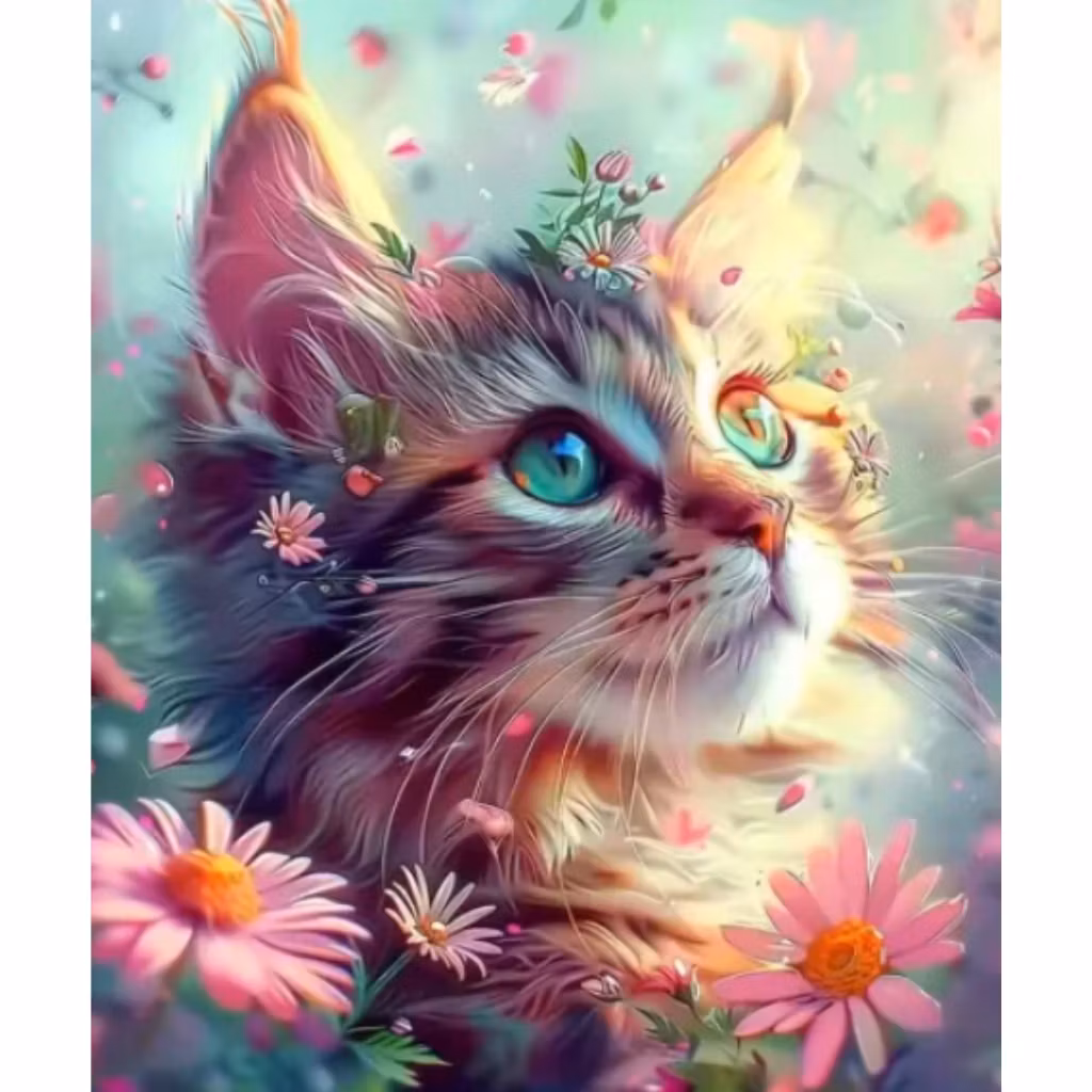 Diamanttavla Katt Flowers 40x50