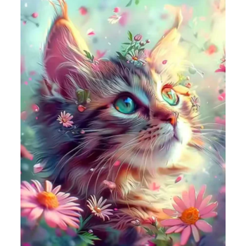 Diamanttavla Katt Flowers 40x50