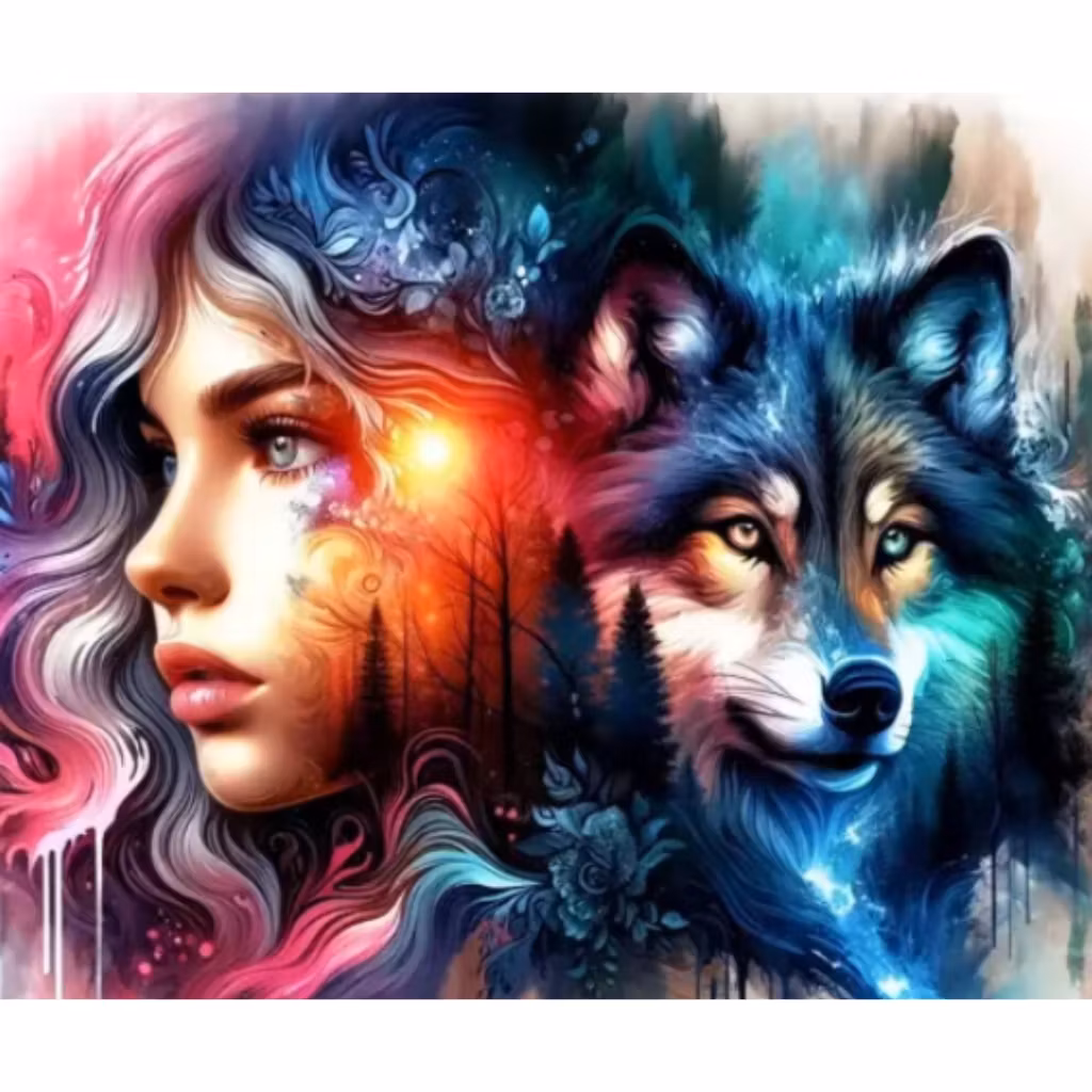 Diamanttavla Woman And Wolf 40x50