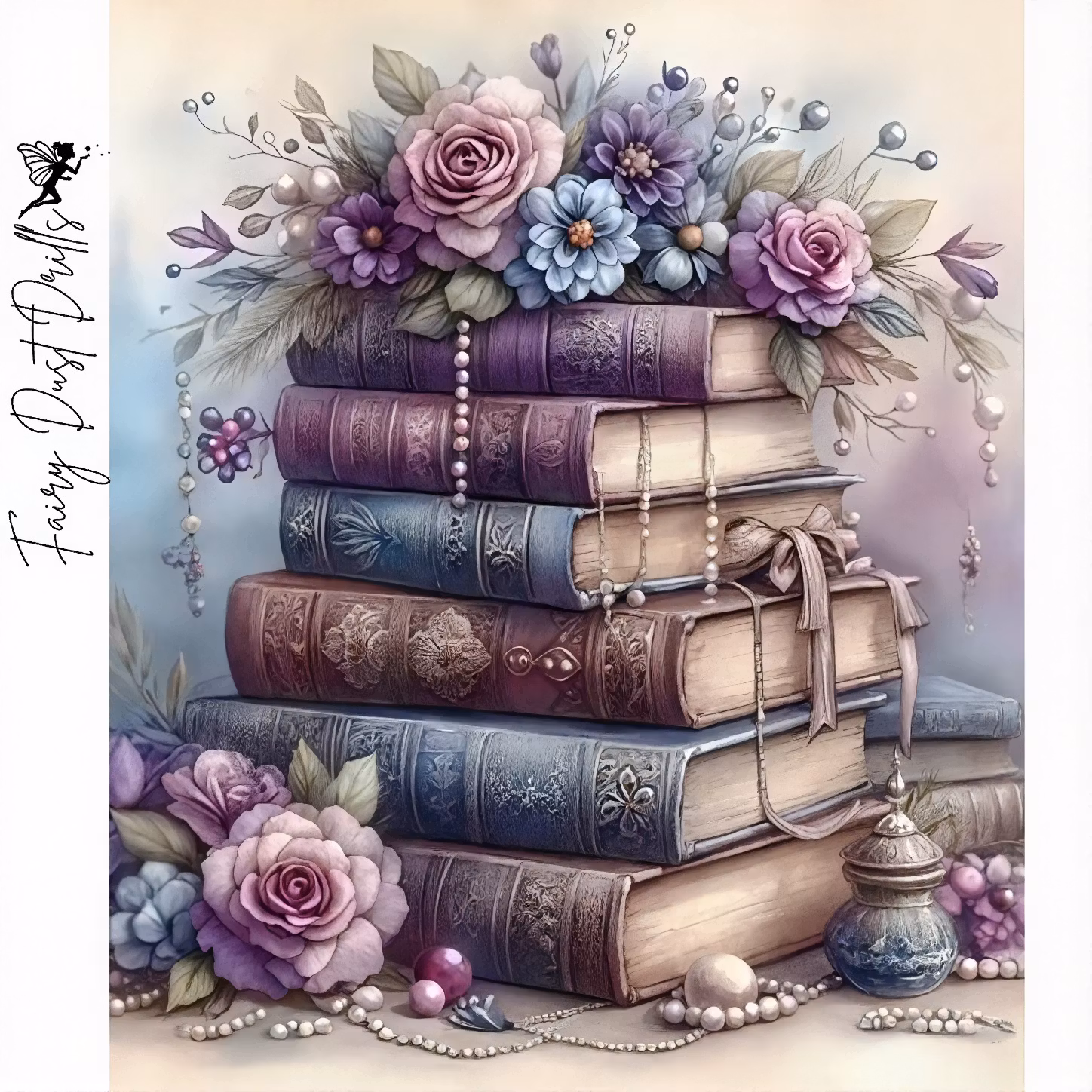 Diamanttavla Fairy Dust Drills Books And Flowers  40x50