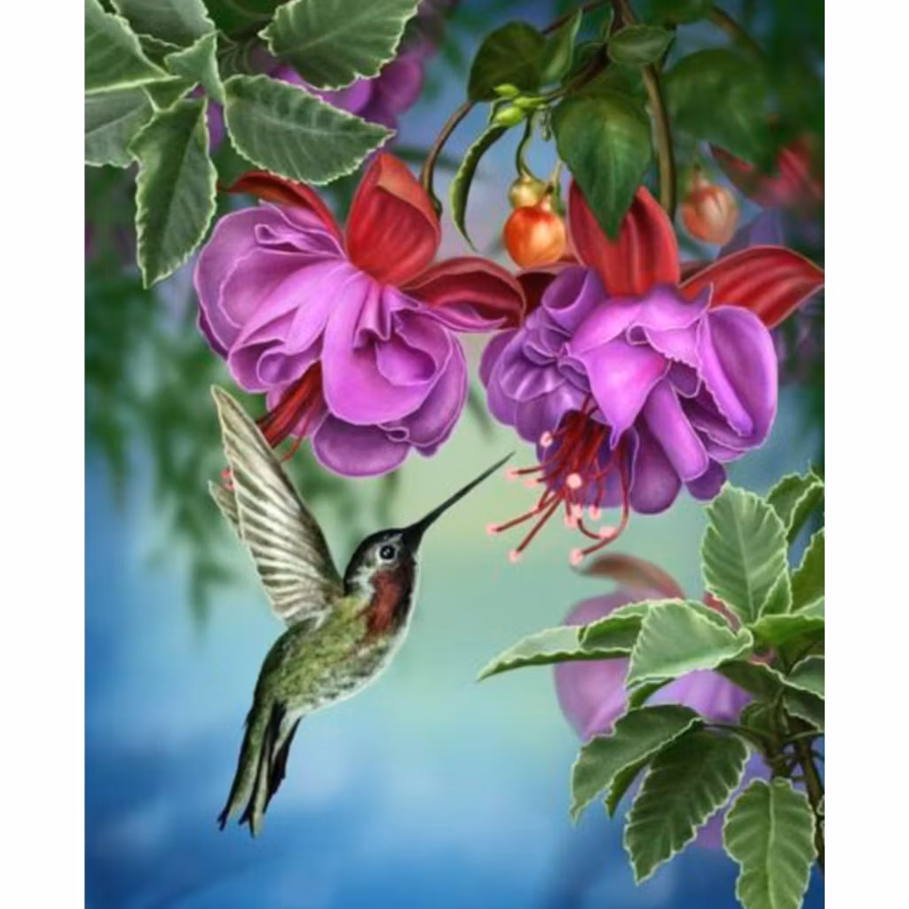 Diamanttavla Hummingbird And Flowers 30x40