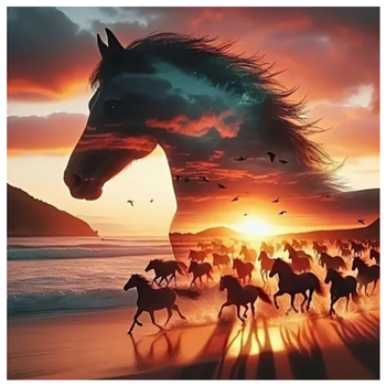 Diamanttavla Sunset Horses 50x50 - Leverans vecka 29