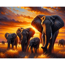 Diamanttavla Sunset Elephants 50x40