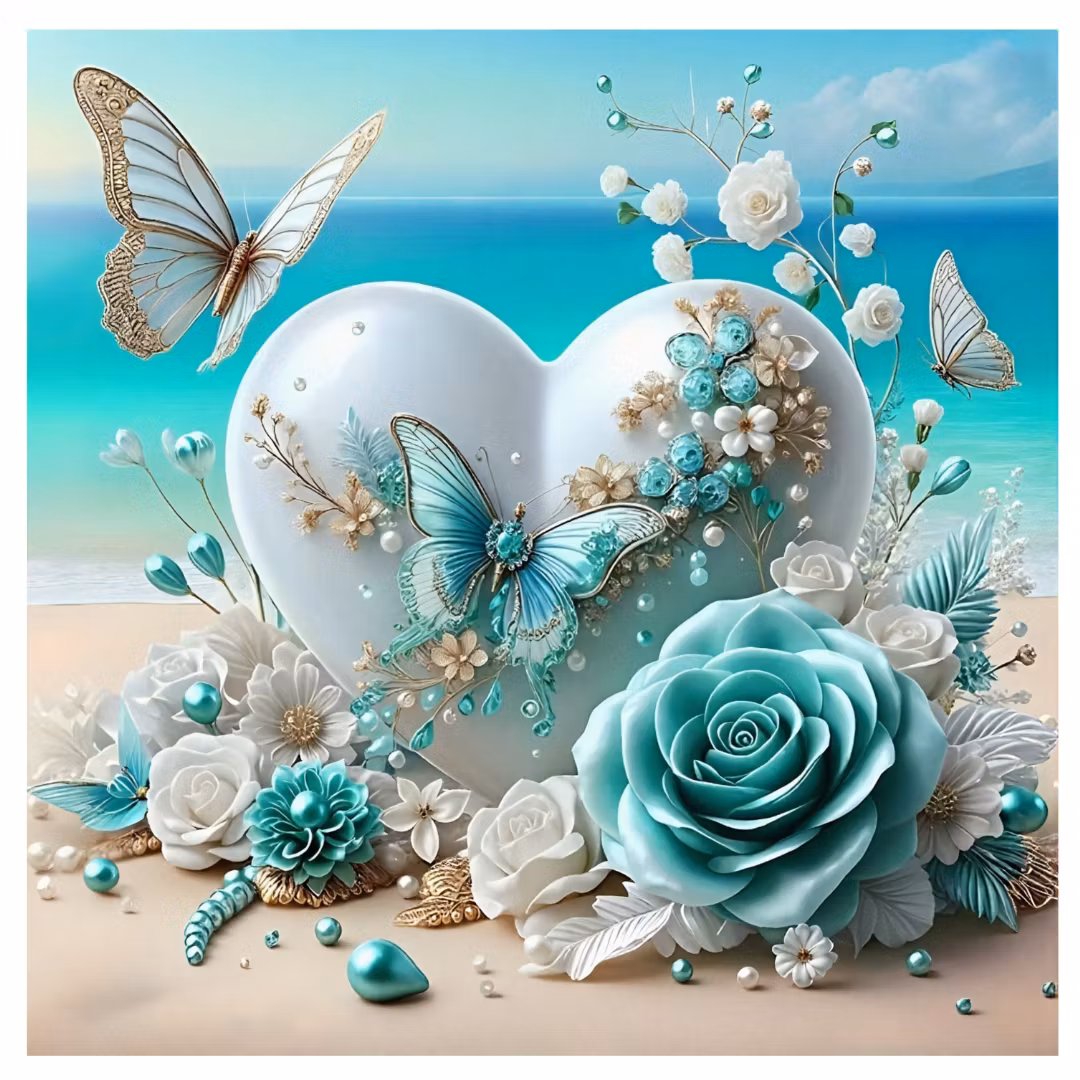 Diamanttavla Beach Flowers And Butterflies 40x40