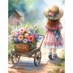 Diamanttavla Flicka Med Blomstervagn 40x50
