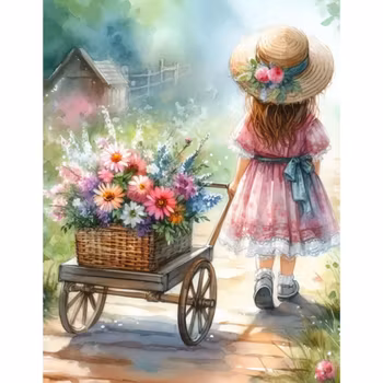 Diamanttavla Flicka Med Blomstervagn 40x50