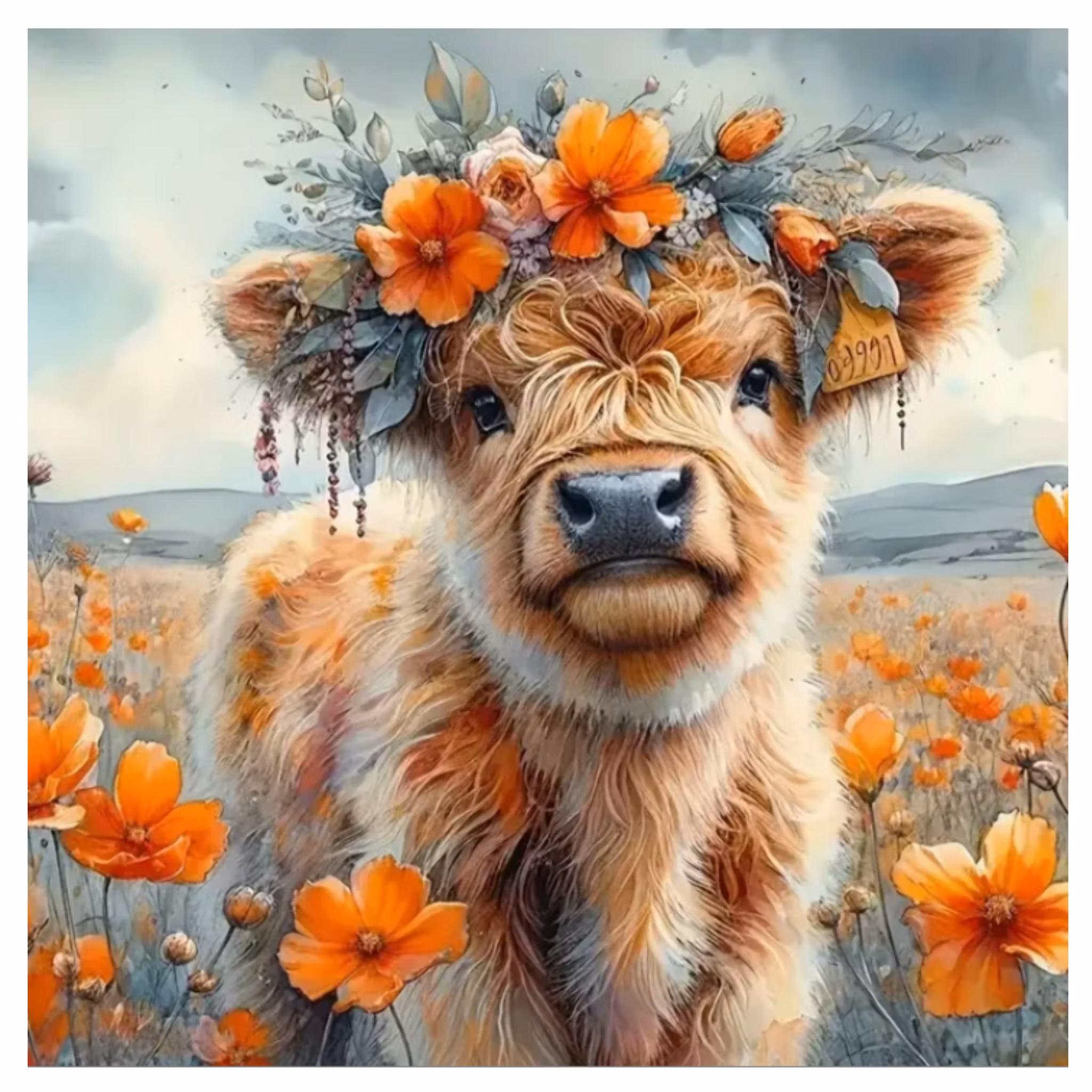 Diamanttavla Highland Cattle Poppyflowers 40x40