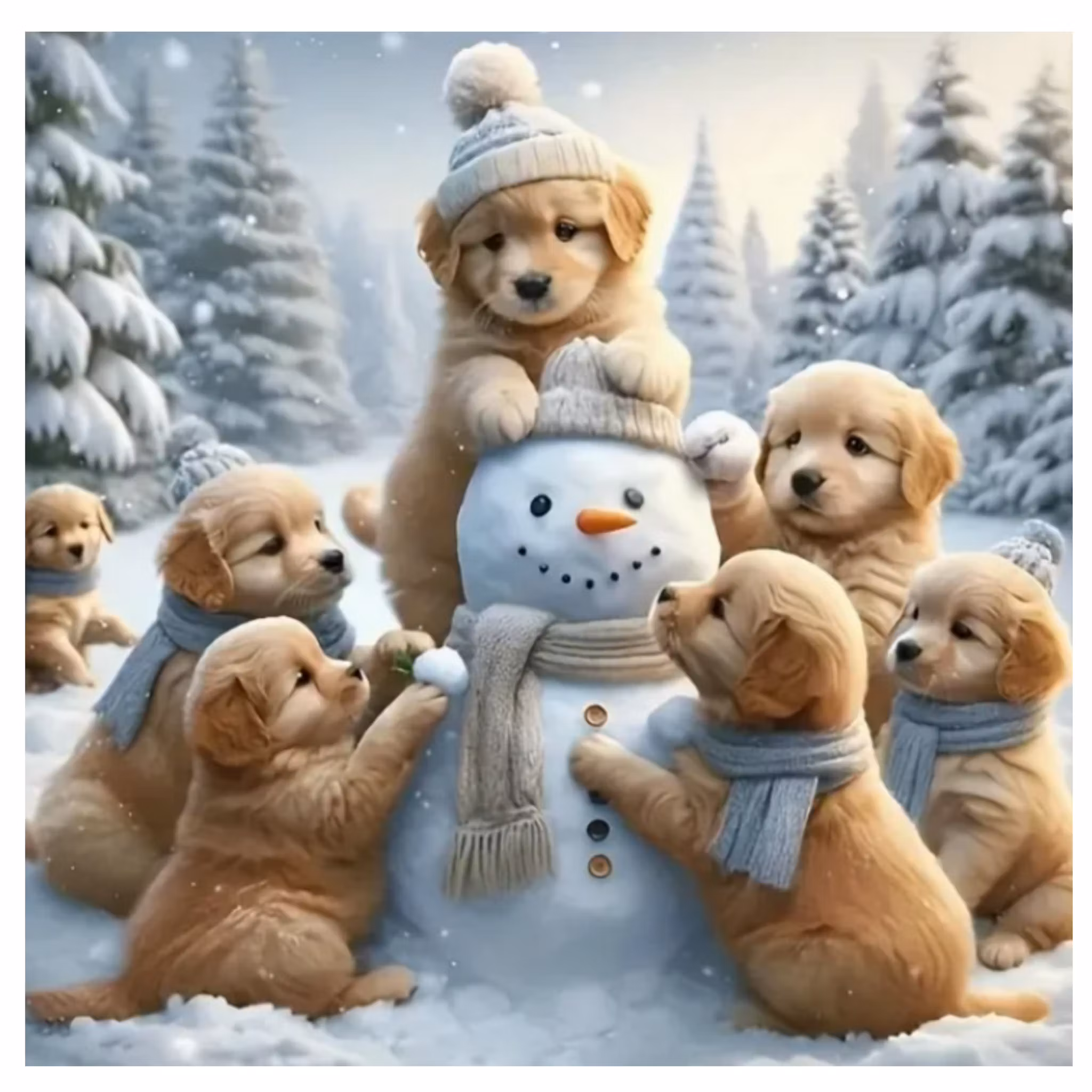 Diamanttavla Snowman And Puppies 40x40 - Leverans vecka 36-37