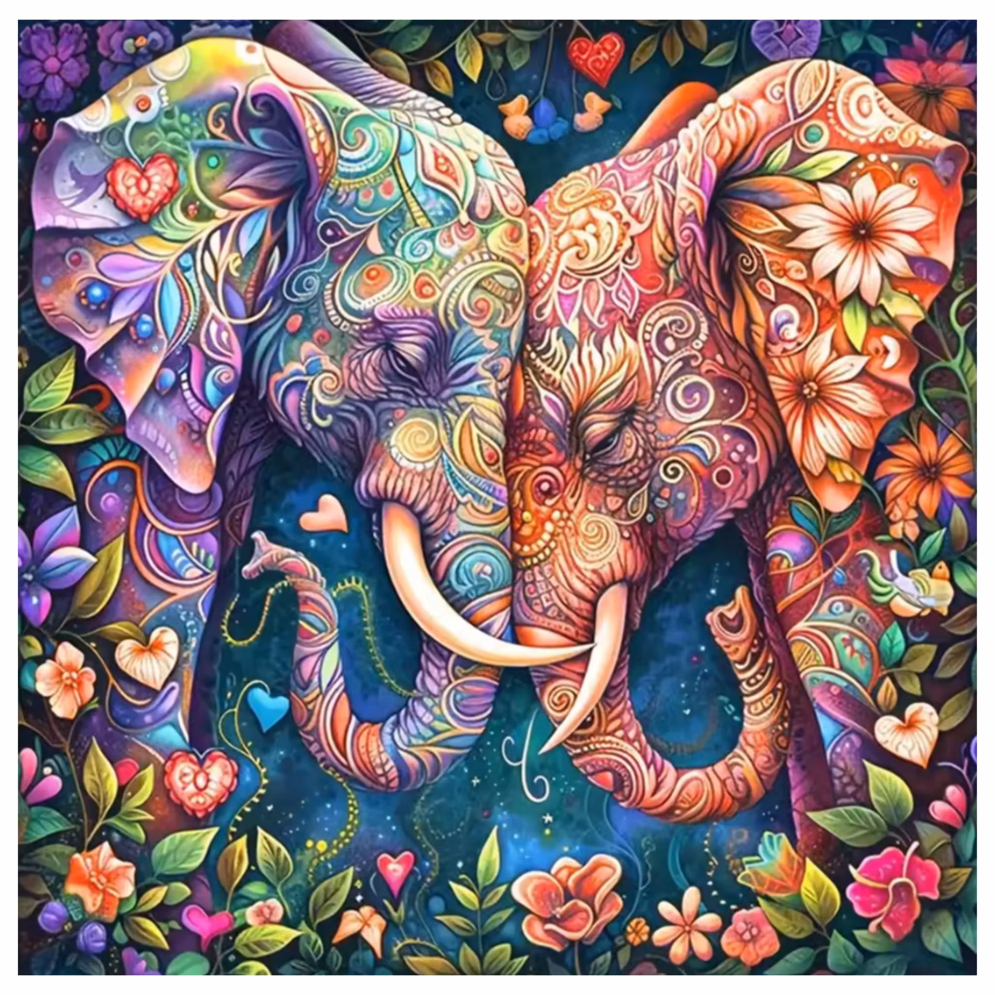 Diamanttavla Elefant Blomster Och Hjärtan