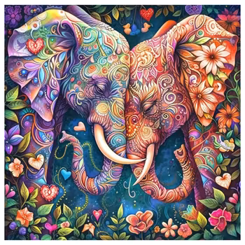 Diamanttavla Elefant Blomster Och Hjärtan