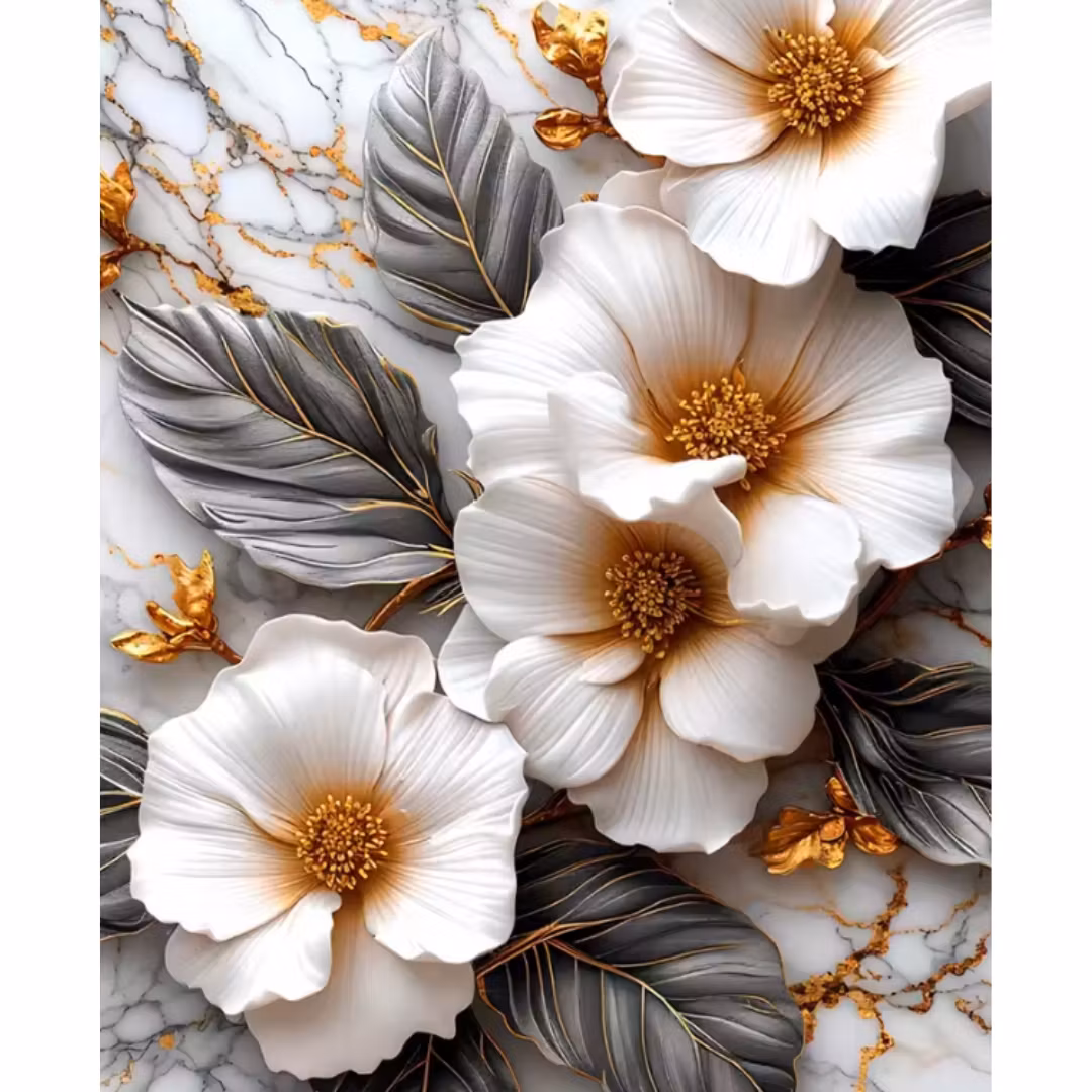 Diamanttavla Flowers White And Gold 30x40