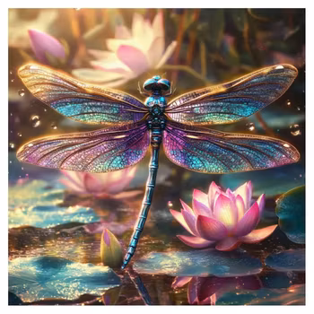 Diamanttavla Dragonfly And lotus 30x30