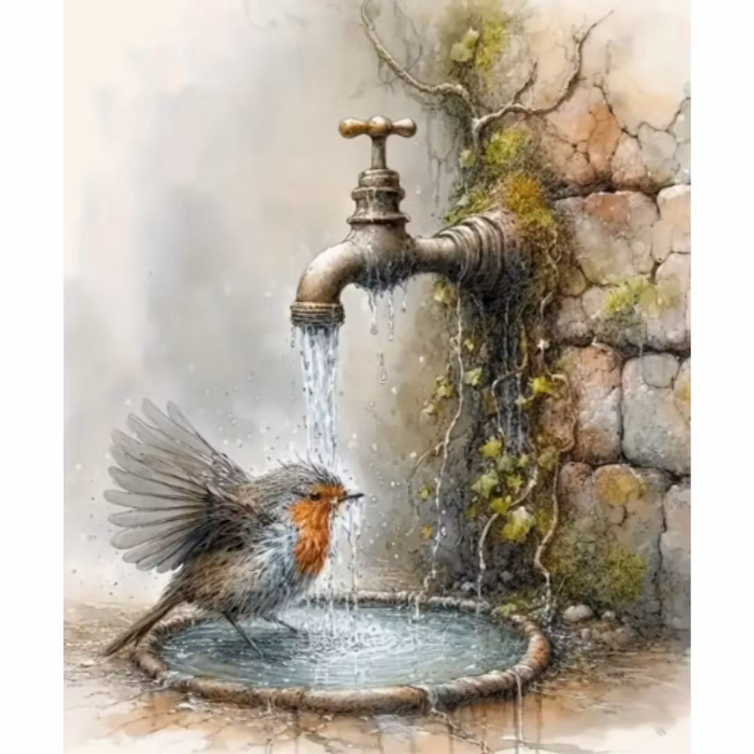 Diamanttavla Fågel Vattenkran 40x50