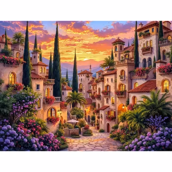 Diamanttavla Stad I Solnedgång 40x50