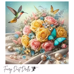 Diamanttavla Fairy Dust Drills Hummingbird, Roses And Butterfly 40x40