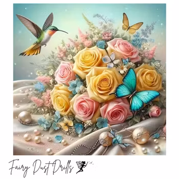 Diamanttavla Fairy Dust Drills Hummingbird, Roses And Butterfly 40x40