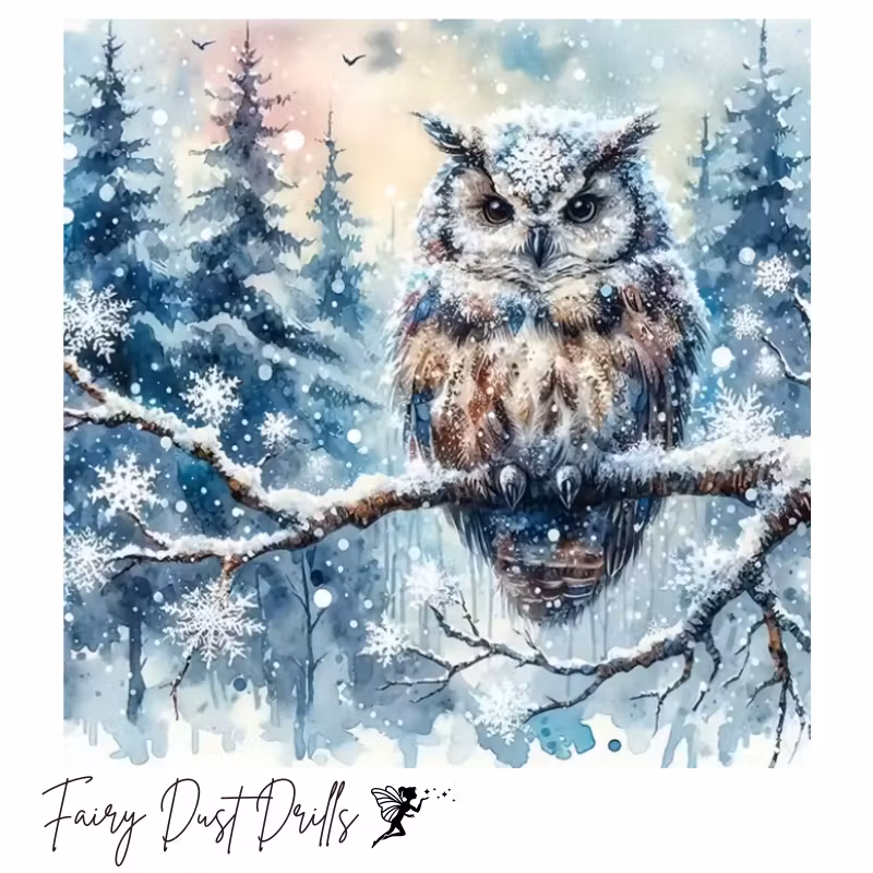 Diamanttavla Fairy Dust Drills Uggla Vinter 40x40 (Runda Pärlor)