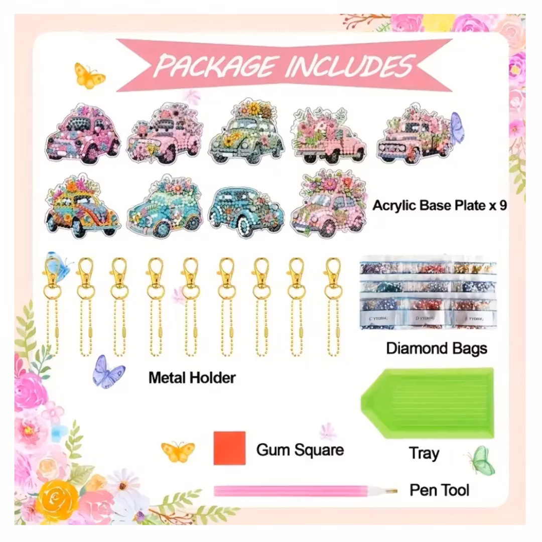 Diamond Painting Bilar 9-Pack ca 15 cm ( Inkl. kedja)