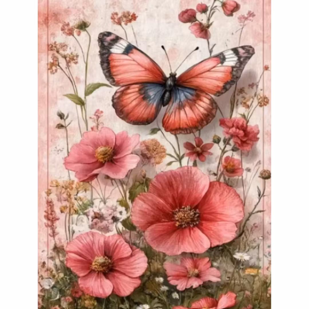 Diamanttavla Butterfly And Poppyflowers 50x40