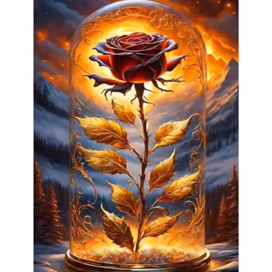 Diamanttavla Gyllene Ros I Glaskupa 50x40