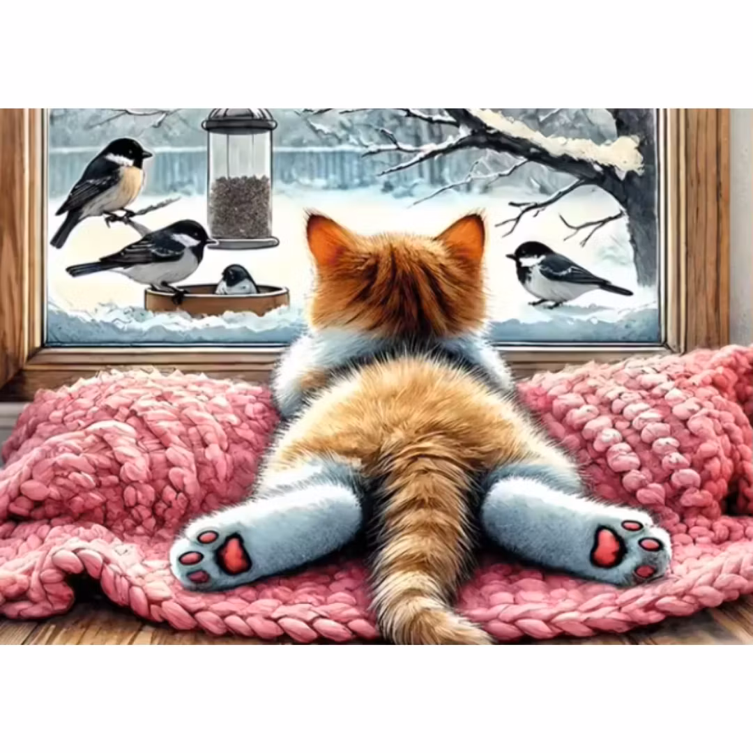 Diamanttavla Cat And Birds 50x40