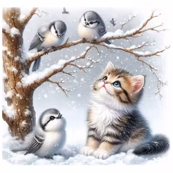 Diamanttavla Kattunge Med Fåglar 40x40 - Leverans vecka 48-49