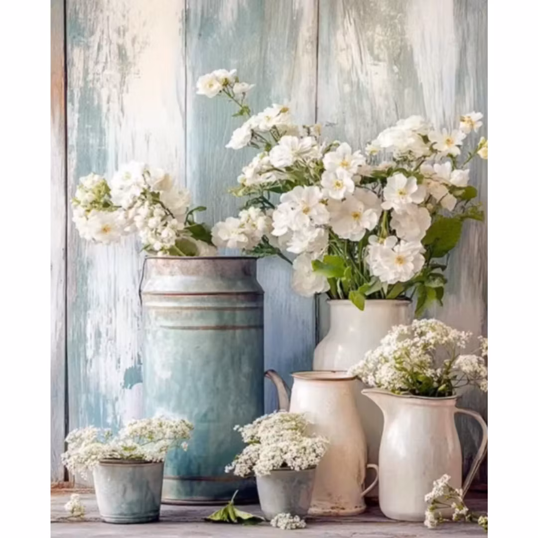 Diamanttavla Vita Blommor 40x50