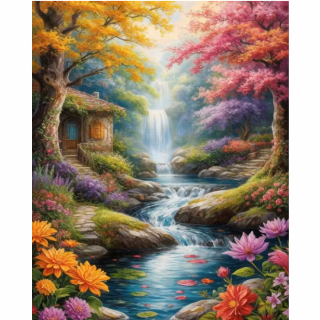 Diamanttavla Stuga Vid vattenfall 40x50