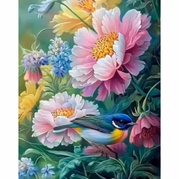 Diamanttavla Bird Summerflowers 40x50