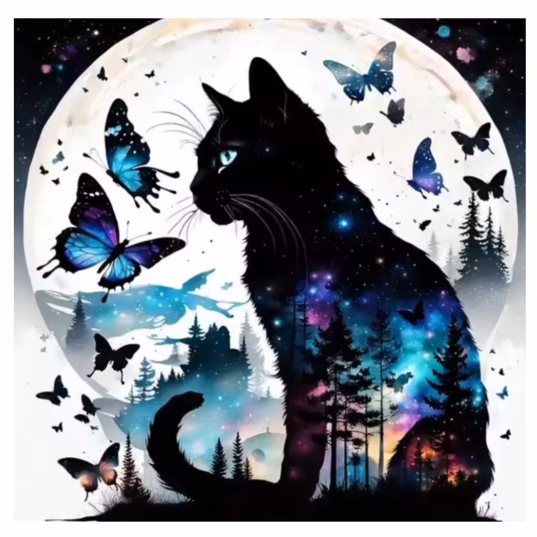 Diamanttavla Cat And Butterflies 40x40