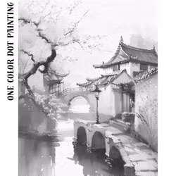 One Color Dot Painting Asian City River 40x50