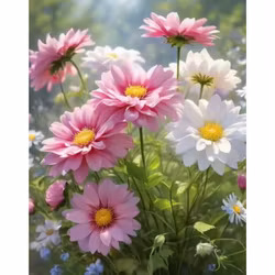 Diamanttavla Rosa Och Vita Blommor 40x50