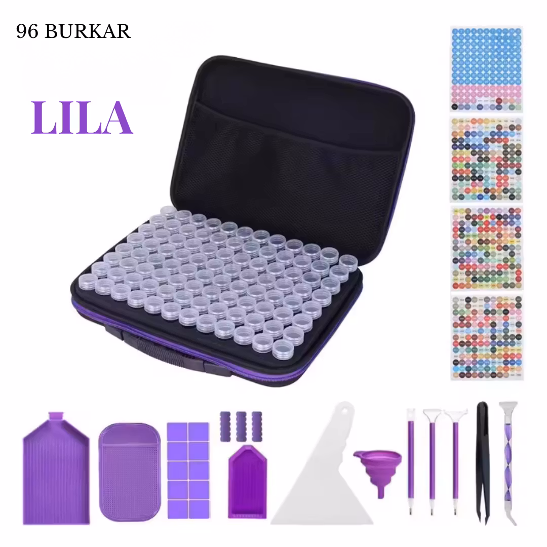 Pärlförvaring Väska Lila Med 96 Burkar + Tillbehör