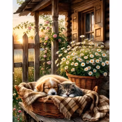 Diamanttavla Hund Och Katt På Veranda 40x50 - Leverans vecka 13-14