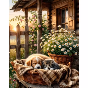 Diamanttavla Hund Och Katt På Veranda 40x50 - Leverans vecka 13-14