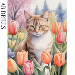 Diamanttavla AB Drills Cat And Tulips 40x50