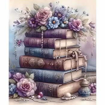 Diamanttavla Books And Flowers 40x50