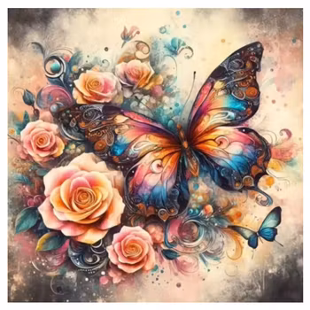 Diamanttavla Butterfly And Roses 40x40 - Leverans vecka 23-24