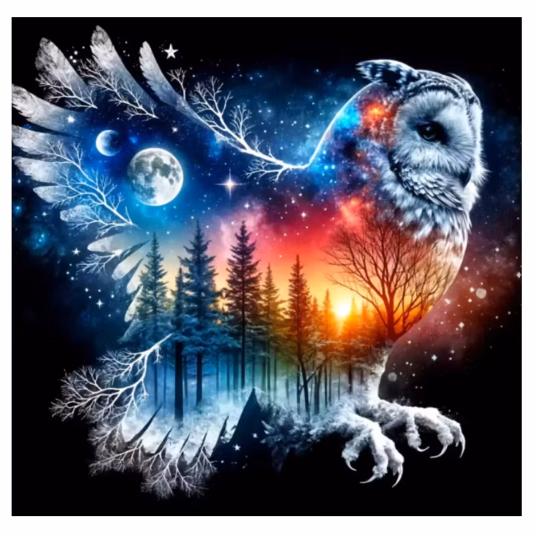 Diamanttavla Owl Forest Night 40x40 - Leverans vecka 23-24