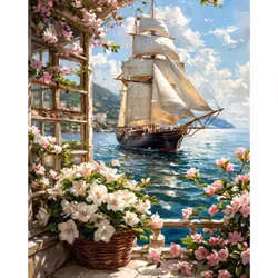 Diamanttavla Ship And Flowers 40x50- Leverans v. 23-24