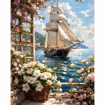 Diamanttavla Ship And Flowers 40x50- Leverans v. 23-24