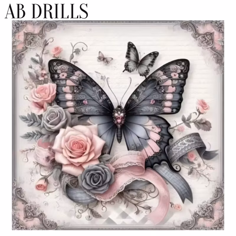 Diamanttavla AB Drills Black Butterfly 40x40 (Runda Pärlor)