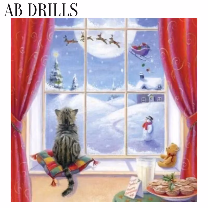Diamanttavla AB Drills Cat Christmas Window 50x50 (Runda Pärlor)