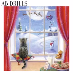 Diamanttavla AB Drills Cat Christmas Window 50x50 (Runda Pärlor)